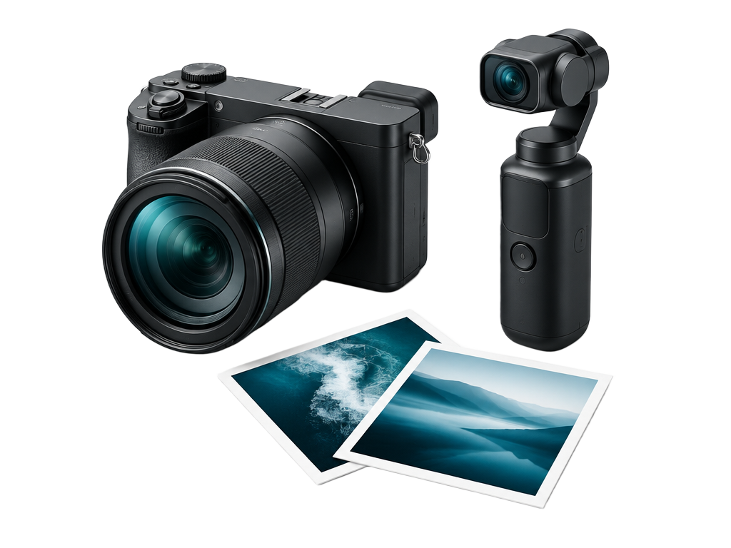 Kamera, videokamera och fotografier som representerar bild- och videoproduktion