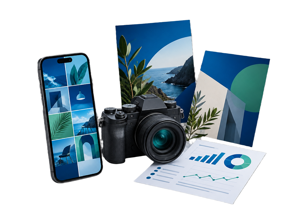 Starter-paket med digital marknadsföring, kamera, flygblad och marknadsanalys